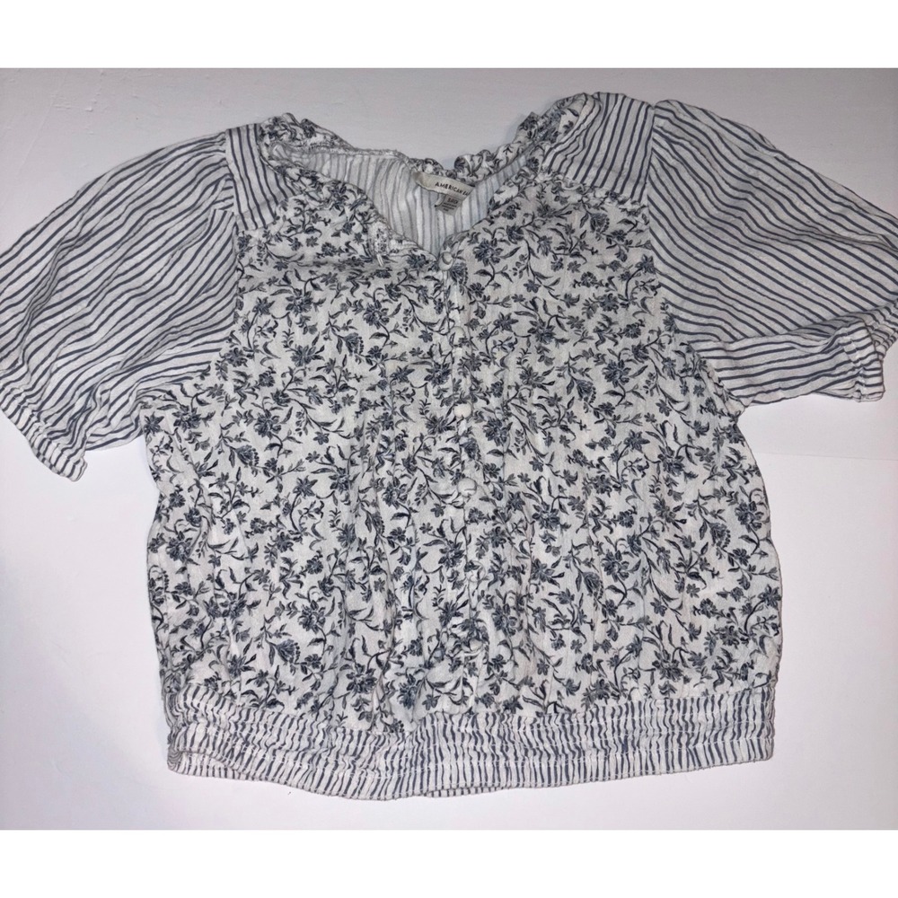 American Eagle Floral Striped Short Sleeve Smocked Blouse Top Cute & Comfy Small